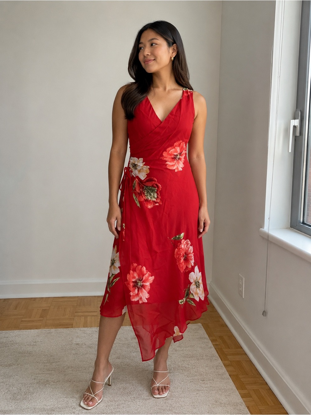 Y2k Donna Ricco Red Floral Wrap Midi Dress